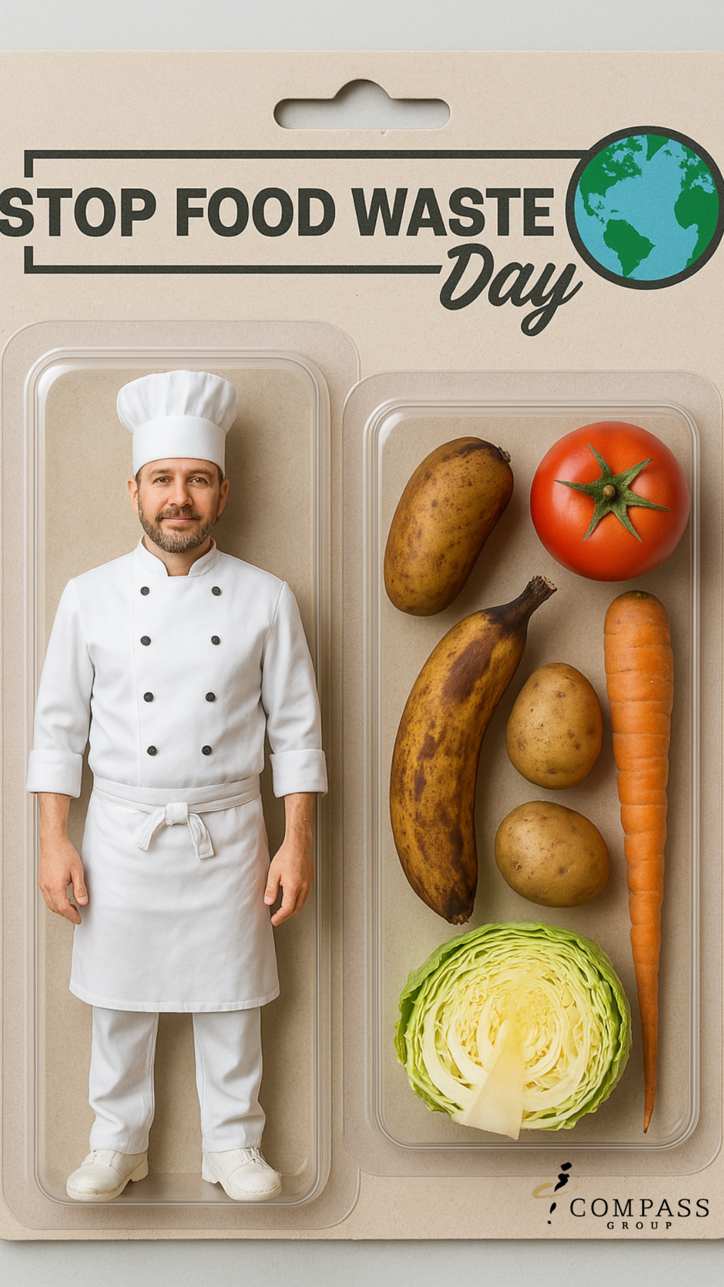 Eine kleine Kochfigur in einer Verpackung mit hellem Hintergrund. Der Koch steht neben dem Gemüse in der Verpackung und auf der Verpackung ist noch das Logo des Stop Food Waste Day und der Compass Group zu sehen. 