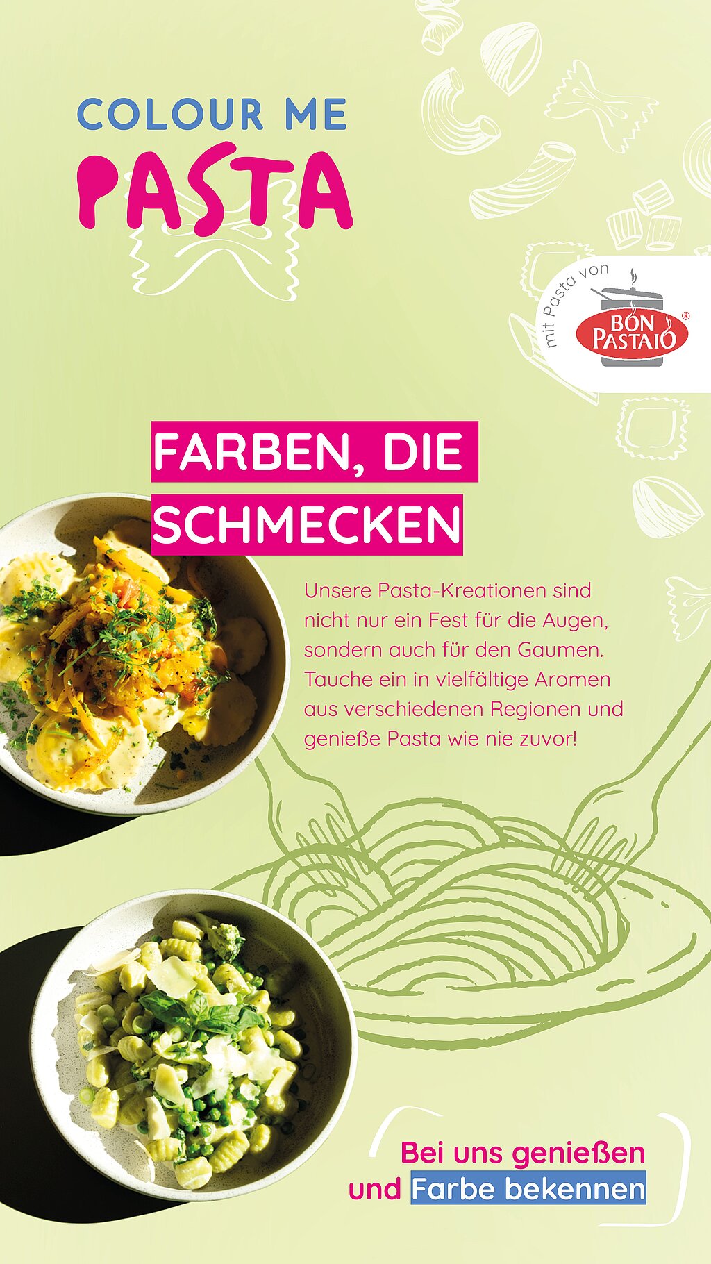 Ein Werbeplakat mit grünlichem Hintergrund. Das Plakat bewirbt die Kampagne "Colour Me Pasta" der Compass Group.
