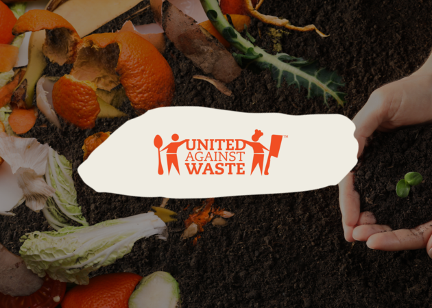 United Against Waste Diverse Gemüsesorten, davor ist das Logo von "United Against Waste" zu sehen.
