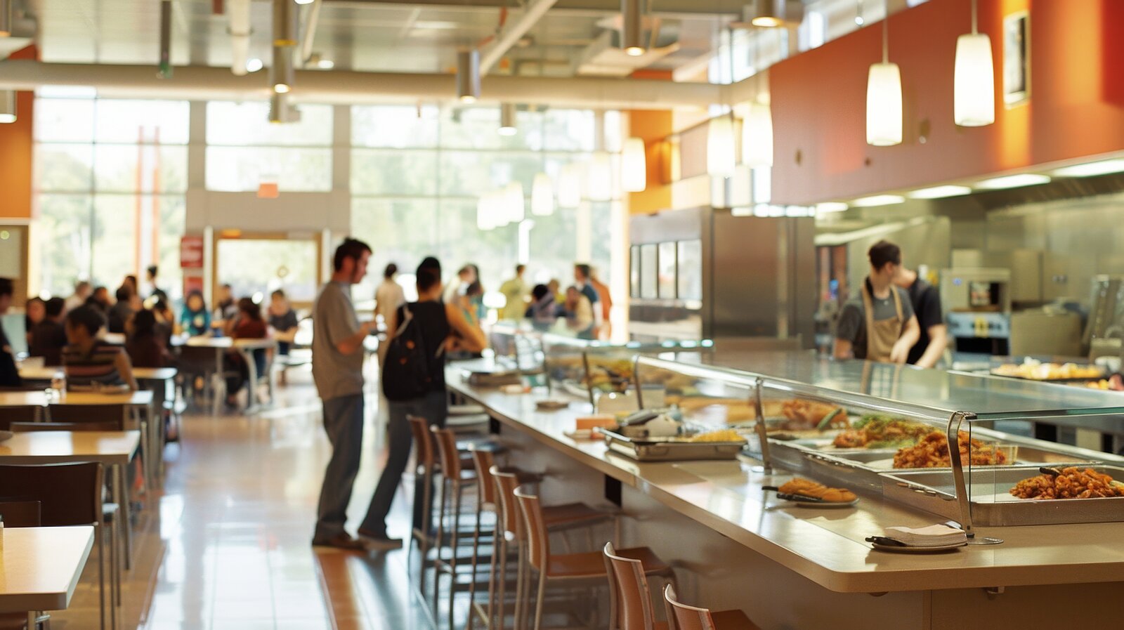 Eine Kantine im Universitätsbereich. Sie ist hell und freundlich eingerichtet und voller Studierenden.