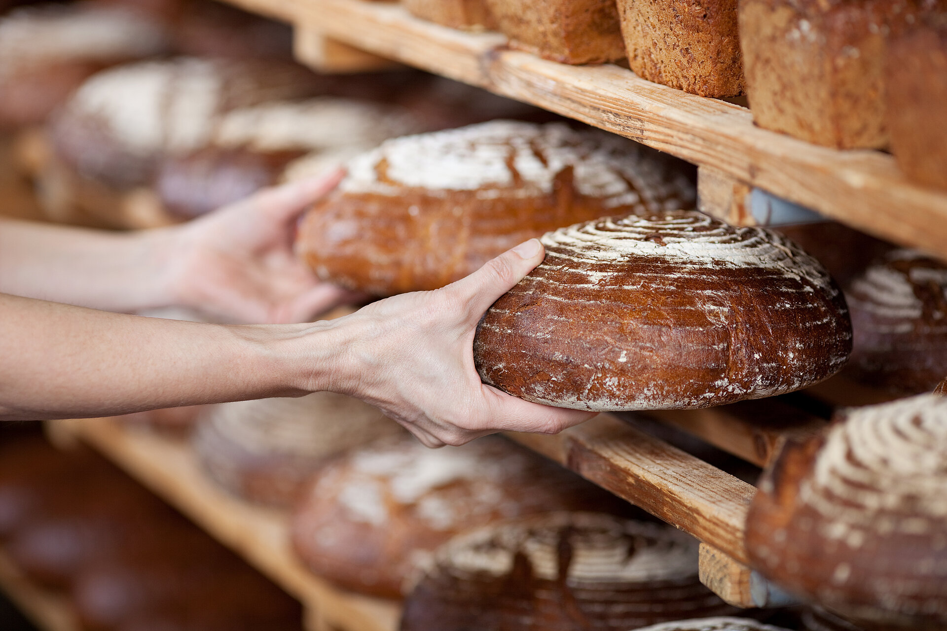 Hände die aus einem Regal mit frisch gebackenem Brot, die frischen Brotlaibe rausnehmen.