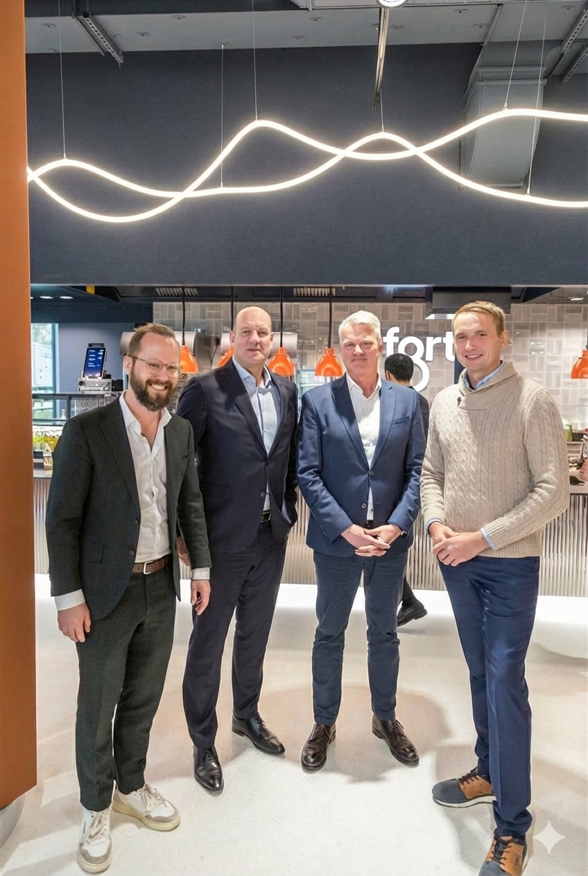 Vier Männer in Anzug anlässlich der Eröffnung der gastronomischen Konzepte nosh und forty8 am LabsCampus Flughafen München