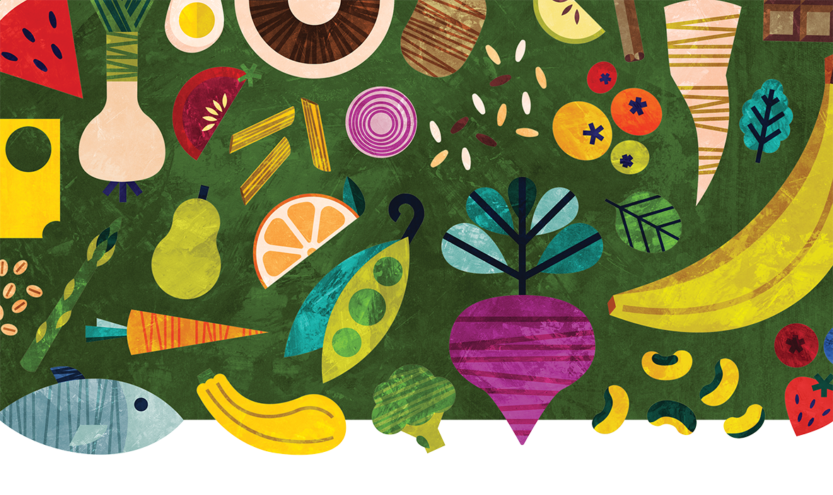 Ein knallgrüner Hintergrund mit knalligem Obst und Gemüse in Cartoon/Zeichenform vorne drauf. Das Bild macht direkt gute Laune.